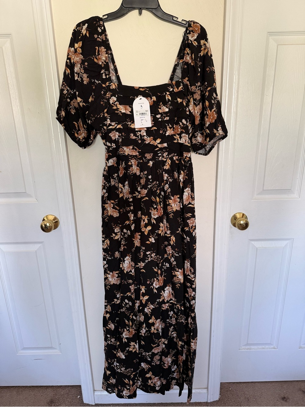 ARULA Black Floral Square-Neck Maxi Dress with Puff Sleeves